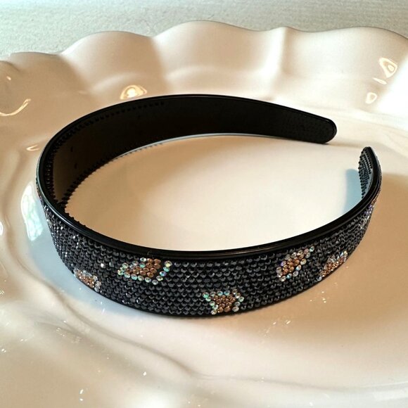Navy Rhinestone-Studded Headband With Brown Leopard Print Accent NWOT - Picture 2 of 4